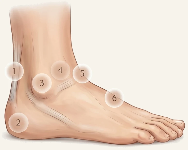 Ilustração do pé e do tornozelo vistos de lado, com seis regiões numeradas de 1 a 6
