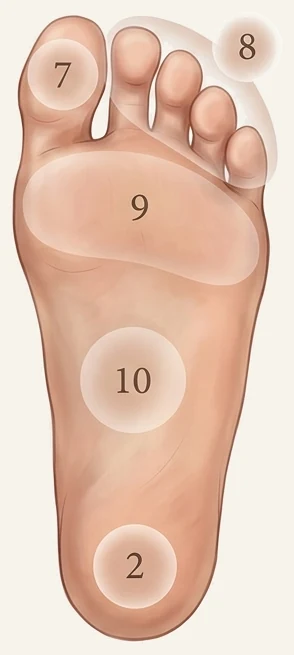 Ilustração da planta do pé, com cinco regiões numeradas